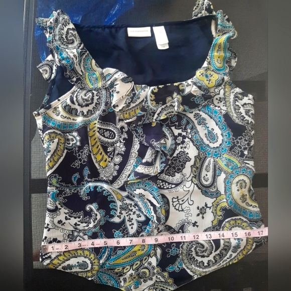 Liz Claiborne Black Blue Ruffle Paisley Cap Sleev Casual Dress Blouse Sz 6 Small - Picture 11 of 11